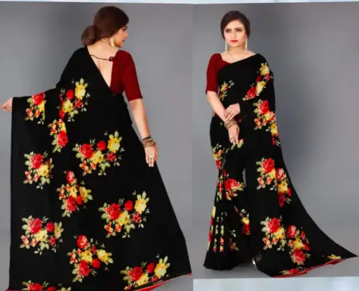 Black Floral Printed Saree with Contrast Blouse