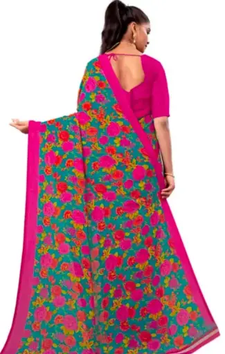 Pink & Green Floral Printed Saree