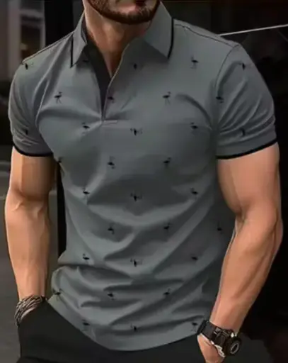 Grey Slim-Fit Printed Polo T-Shirt